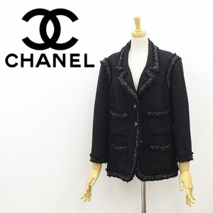 美品 国内正規品◆CHANEL シャネル 08P 裏地総柄 シルク＆リネン混 ツイード 裾裏チェーン ココ デザインボタン ジャケット 44