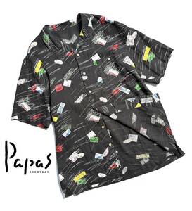 定価3万超【LL(52)】Papas パパス リネン 半袖シャツ LL(52) メンズ 総柄 麻100％ アロハ【着心地抜群の一枚】ロゴ ハワイ 日本製