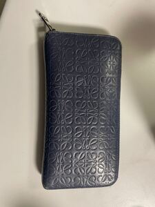 1円 美品 LOEWE ロエベ リピートアナグラム レザー ラウンドジップウォレット ネイビー 財布 長財布 1404-1