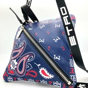 極美品 希少 エトロ ETRO ショルダーバッグ サコッシュ ペイズリー 総柄 ネイビー ロゴショルダー レザー 革 メンズ