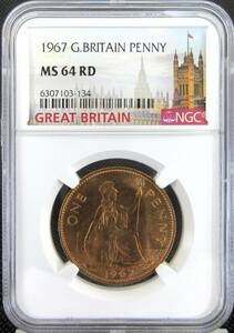 1967 イギリス 1ペニー 銅貨 NGC MS64 RD ブリタニア ヤングヤング エリザベス2世 モダンコイン アンティーク