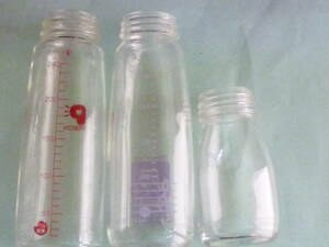 ピジョン＆メロデコ他　耐熱ガラス哺乳瓶のみ　3本　大　240ｍｌX2　　小　100ｍｌ　　耐熱ガラス　日本製