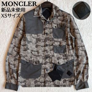 【定価12.9万　新品未使用】モンクレール　シャツジャケット　CAMICIA　カモフラ　ロゴワッペン　ナイロン切替　レザー　XSサイズ　茶色系