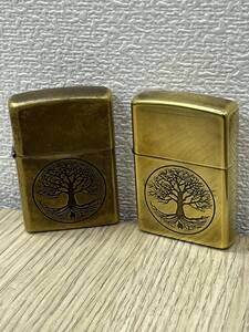 #10740B 【希少品2点セット】ZIPPO ジッポ ライター USA製 ゴールド系 TREE OF LIFE 生命の木 ツリー 火花確認済