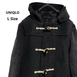 UNIQLOダッフルコートグレー中地チェック　秋冬　ダークグレーメンズL c