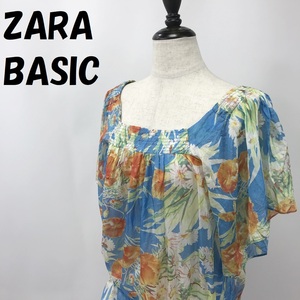 【人気】ZARA BASIC/ザラベーシック 花柄 スクエアネック 半袖ブラウス ウエストリボン 透け感 ブルー系 サイズS レディース/S688