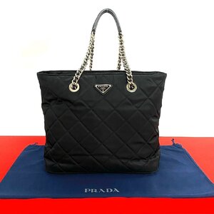 ほぼ未使用 PRADA プラダ 三角ロゴ プレート 金具 キルティング ナイロン レザー 本革 チェーン トートバッグ ハンドバッグ ブラック 38370