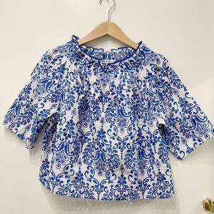 49AV.junko shimada ジュンコシマダ クロシェ刺繍 レース 半袖ブラウス フリル コットン トップス 38サイズ ホワイト ブルー 4912402213 