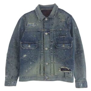 イサムカタヤマバックラッシュ D-704-KO x KOSUKE MATSUI THE DENIM ストレッチ セルビッチ デニム ジャケット ダメージ ペイント【中古】