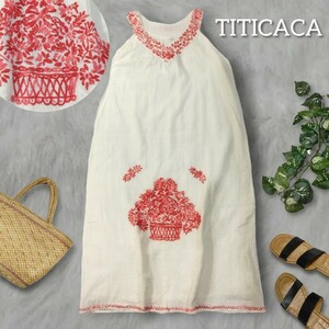 13 【TITICACA】 チチカカ 刺繍 ゆったり ノースリーブ ロングワンピース F ホワイト 白 花刺繍 アジアン エスニック コットン レディース