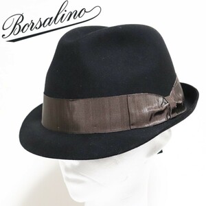 《Borsalino ボルサリーノ》新品 イタリア製 秋冬 光沢感のあるリボン 高級ラビットファーフェルトハット ウールハット 60(L) S0843