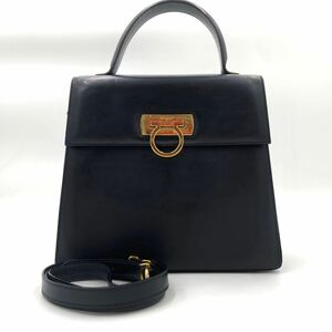 1円 【美品】 Salvatore Ferragamo フェラガモ ハンドバッグ ガンチーニ レザー 2way ショルダー レディース ダークネイビー ゴールド金具