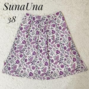 SunaUna スーナウーナ　フレア　膝丈スカート　花柄　パープル【38】