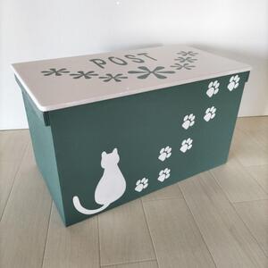 27《宅配BOX》玄関収納 ネコポスト 置き配 ハンドメイド 猫 木箱 キャット