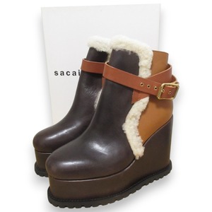 新品同様 sacai サカイ カウハイド×ラムスキン プラットフォーム ウェッジソールブーツ 17-03409 38 約24.5cm ブラウン系