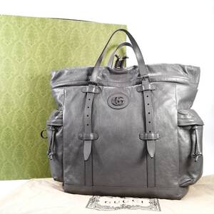 超美品 GUCCI 725664-525040 ドローストリング レザー トートバッグ GG グレー 裏地 総ロゴ トラベルバッグ 旅行 鞄 革 グッチ 元箱付