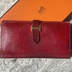 HERMES エルメス Hロゴ金具 リザード べアンスフレ 長財布 レッド ⬜︎G