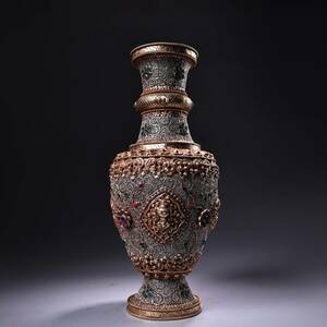  ▽鴻▽清・純銀塗金・花絲工芸・象嵌宝石花瓶 時代物 中国古美術 骨董品