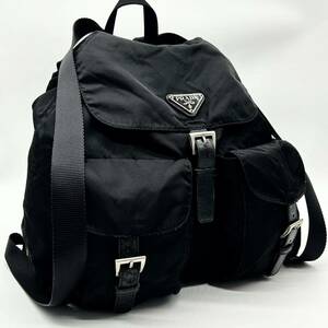 ●高級●PRADA プラダ バックパック リュックサック デイパック 鞄 かばん 三角ロゴ プレート ナイロン レザー レディース ブラック 