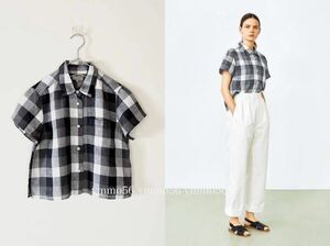 美品 MARGARET HOWELL マーガレットハウエル ブロックチェックリネン 半袖シャツ ブラウス グレー カタログ掲載 28,600円 菊池亜希子さん