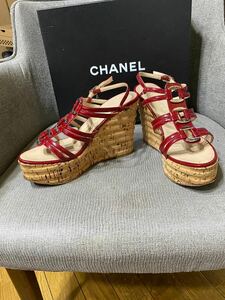 格安スタート　シャネル　CHANEL サンダル　ウェッジソール　コルクソール　ココマーク　ストラップ　レザー　38 25cm 売り切り