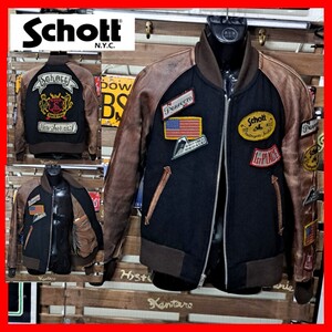 Schott ショット　エイジング加工　袖レザー　レザースリーブ　ワッペン　スタジャン　アワードジャケット　Ｍ　ブラウン