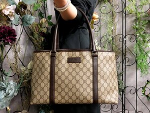 ●超美品●GUCCI グッチ●GGスプリーム●ロゴ型押し●PVC カーフ レザー 本革●トート バッグ●ブラウン ベージュ●SV金具●B5●Js53813