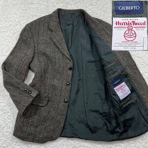 【美品・XL相当】 HarrisTweed ハリスツイード Pure New Wool テーラード ジャケット GILBERTO チェック柄 クルミ釦 ブラウン系 アメカジ