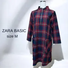 zara basic ザラ 長袖 ジッパー チェック ワンピース レッド M