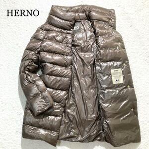 【美品】HERNO ダウン ダウンコート カーキベージュ ハイネック 40