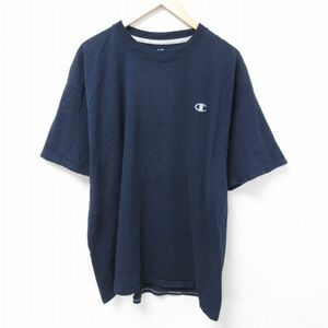 XL/古着 チャンピオン Champion 半袖 ブランド Tシャツ メンズ ワンポイントロゴ 大きいサイズ クルーネック 紺 ネイビー 24may27 中古