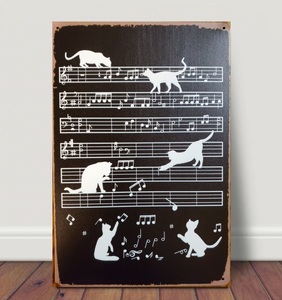 ブリキ看板　HANAKO　レトロ　猫の看板　T43　黒猫　猫のシルエット　音符　ピアノ　音楽教室　ウェルカムボード