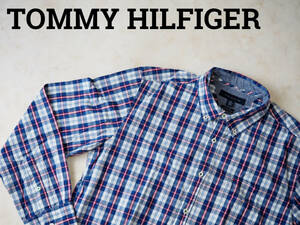 ☆送料無料☆ TOMMY HILFIGER トミーヒルフィガー USA直輸入 古着 長袖 チェック ボタンダウン シャツ マチ付き メンズ L ネイビー 中古