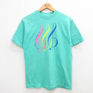 【30%OFF】S/古着 半袖 ビンテージ Tシャツ メンズ 80s ト音記号 クルーネック 青緑 24feb28 中古 3OF