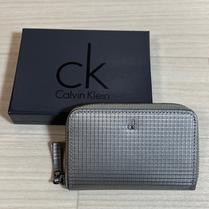 CK Calvin Klein/シーケー カルバンクライン/未使用品/型押しマイクロ格子柄/ラウンドジップ/キーリング付コインケース/ラウンドファスナー