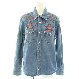 ヒステリックグラマー HYSTERIC GLAMOUR 23SS STARS刺繍ウエスタンデニムシャツ ブラウス 長袖 コットン ヒスガール刺繍 M 青 レディース