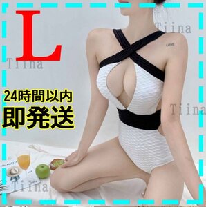 L 白 セクシー バイピング ワッフル 韓国 ワンピース 水着 シフォン 大人 体型カバー パフスリーブ 