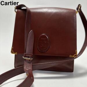 d72【極美品】カルティエ　Cartier　マストライン　C金具　レザー　ボルドー　フラップ　ショルダーバッグ　斜め掛け ポーチ　ポシェット