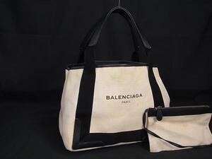 1円 BALENCIAGA バレンシアガ 339933 ネイビーカバスS キャンバス×レザー ポーチ付き ハンドバッグ トート アイボリー系 BJ6566