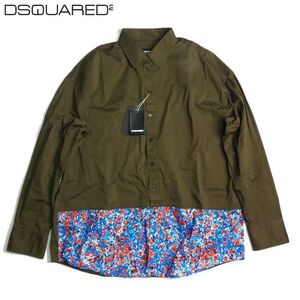 【8.6万新品】DSQUARED2 ディースクエアード ◇ イマドキが溢れる ◇ オーバーサイズシルエット シャツ カーキ×花柄 44サイズ 本物 SALE