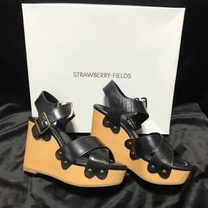 新品 STRAWBERRY FIELDS ストロベリーフィールズ サンダル ウエッジソール S 厚底 レザー ブラック 革 本革 黒