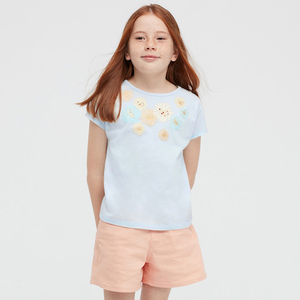 ☆新品☆レア☆完売☆ ポール&ジョー グラフィックTシャツ カットソー 小花 UNIQLO 130 140 150 160cm キッズ 子供服　水色 blue 菊