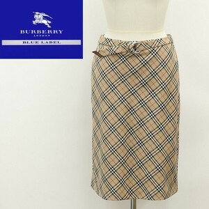 美品◆BURBERRY BLUE LABEL バーバリーブルーレーベル ノバチェック柄 ストレッチ ウール ベルテッド サイドスリット スカート ベージュ 36