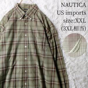 【US輸入古着】NAUTICA ノーティカ 長袖シャツ ボタンダウンシャツ XXLサイズ 3XL チェック柄 薄緑×薄赤茶色 ゆるダボ ビッグサイズ