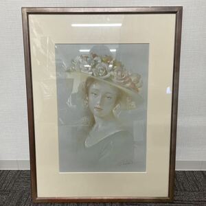 【真作】進徹 絵画 パステル画 花飾りの帽子 美人画 人気作家 裸婦 