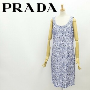 美品 国内正規品◆PRADA プラダ 総刺繍 コットン ノースリーブ ワンピース ホワイト×ネイビー 46