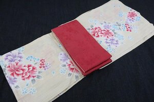 【着物フィ】未使用品 浴衣 半幅帯 2点セット 身丈167cm 白茶色 桜 大人 レディース 可愛い 16102