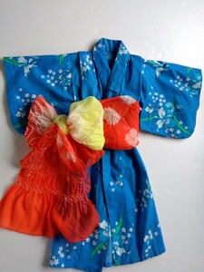 子供用 浴衣 帯 セット 夏祭り 盆踊り 夏休み 手縫い ブルー 花柄 女の子用 絞り帯