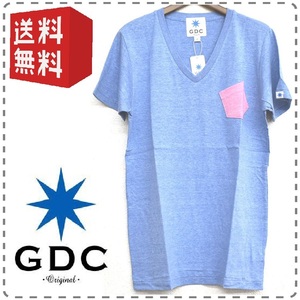 男女兼用 ユニセックス メンズMサイズ ブルー GDC ジーディーシー Vネック半袖Tシャツ 胸ポケット バイカラー ポケT 全国送料無料 A313