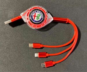 ★ Alfa Romeo アルファロメオ NEWロゴ巻取り式充電ケーブル 3in1 Lightning/ Micro USB /Type-C / 充電ケーブル 長さ調整可能 100cm 赤★